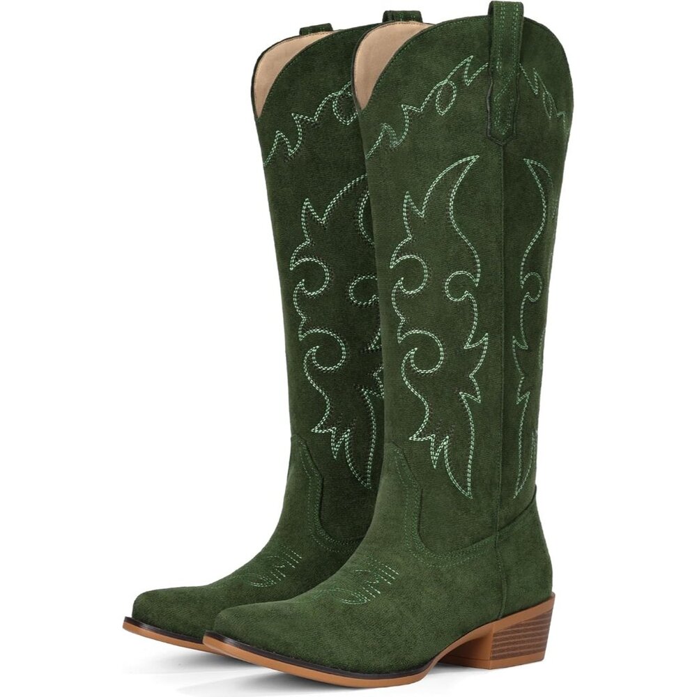 Women's Green Western Suede Cowboy Knee High Pointed Toe Low Heel Classic - Picture 4 of 6